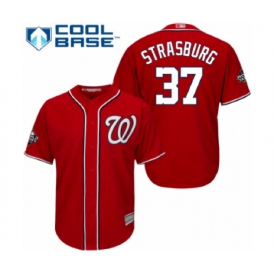 Youth Washington Nationals 37 Stephen Strasburg Authentic Red Alternate 1 Cool Base 2019 World Series Bound Baseball Jersey