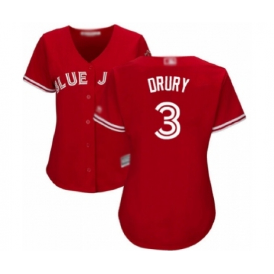 Women's Toronto Blue Jays 3 Brandon Drury Authentic Scarlet Alternate Baseball Player Jersey