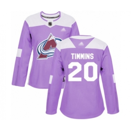 Women's Colorado Avalanche 20 Conor Timmins Authentic Purple Fights Cancer Practice Hockey Jersey