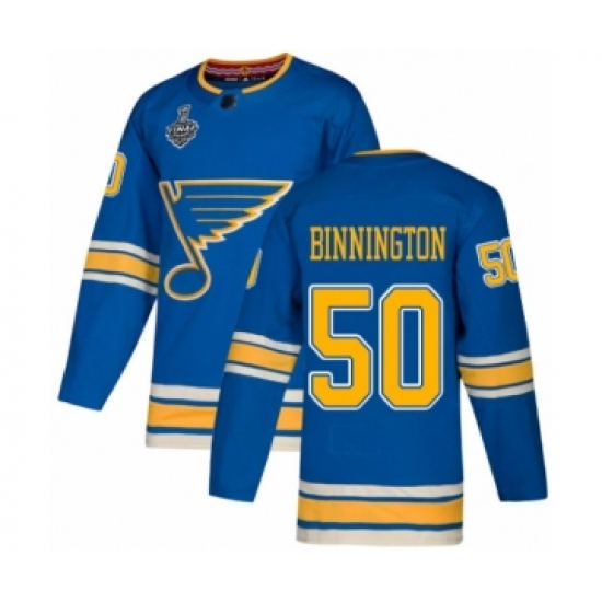 Men's St. Louis Blues 50 Jordan Binnington Authentic Navy Blue Alternate 2019 Stanley Cup Final Bound Hockey Jersey