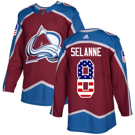 Men's Adidas Colorado Avalanche 8 Teemu Selanne Authentic Burgundy Red USA Flag Fashion NHL Jersey