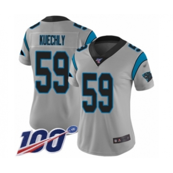 Women's Carolina Panthers 59 Luke Kuechly Silver Inverted Legend Limited 100th Season Football Jersey