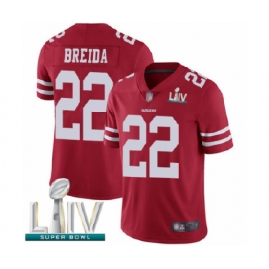 Youth San Francisco 49ers 22 Matt Breida Red Team Color Vapor Untouchable Limited Player Super Bowl LIV Bound Football Jersey