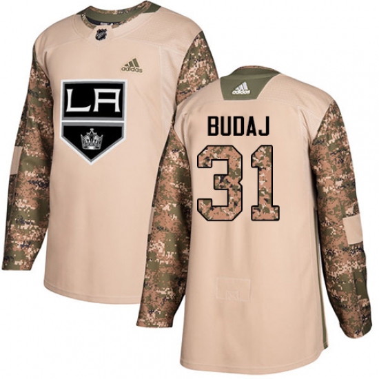 Men's Adidas Los Angeles Kings 31 Peter Budaj Authentic Camo Veterans Day Practice NHL Jersey