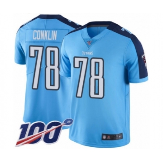 Youth Tennessee Titans 78 Jack Conklin Limited Light Blue Rush Vapor Untouchable 100th Season Football Jersey