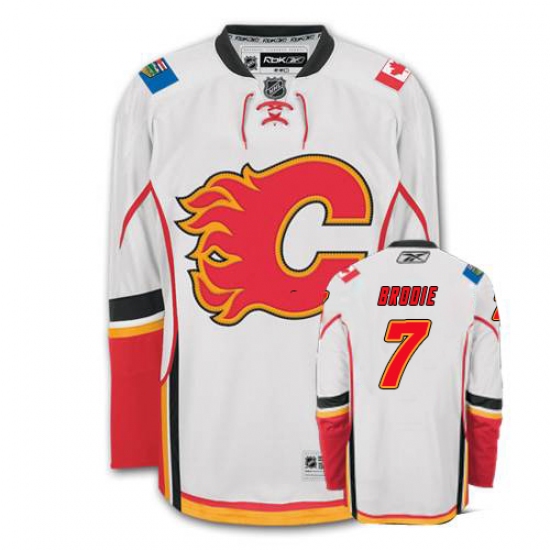 Men's Reebok Calgary Flames 7 TJ Brodie Authentic White Away NHL Jersey