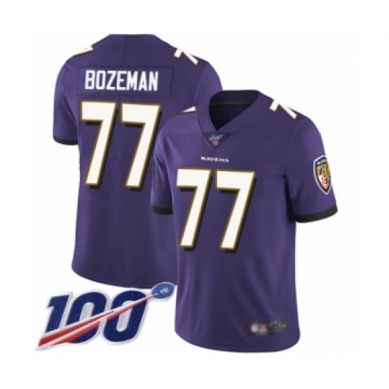 Youth Baltimore Ravens 77 Bradley Bozeman Purple Team Color Vapor Untouchable Limited Player 100th Season Football Jersey