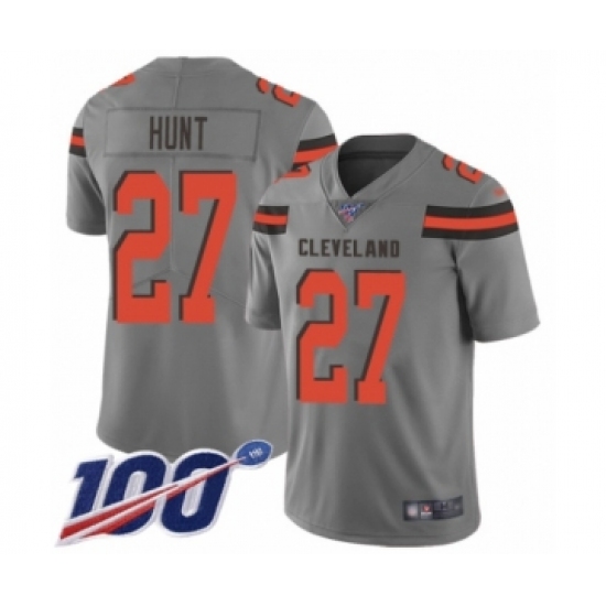 Youth Cleveland Browns 27 Kareem Hunt Limited Gray Inverted Legend 100th Season Football Jersey