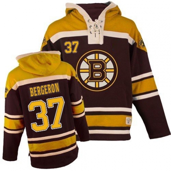 Men's Old Time Hockey Boston Bruins 37 Patrice Bergeron Authentic Black Sawyer Hooded Sweatshirt NHL Jersey