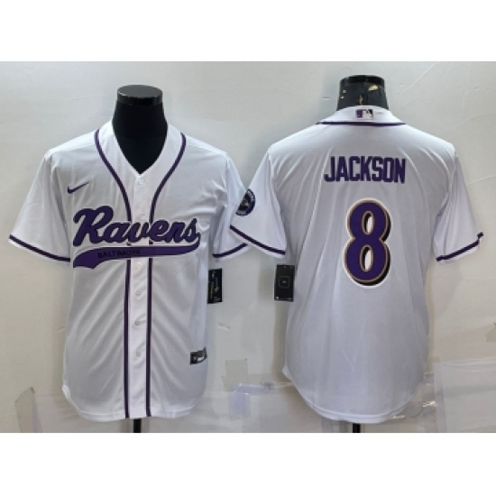 Men's Baltimore Ravens 8 Lamar Jackson White With Patch Cool Base Stitched Baseball Jersey