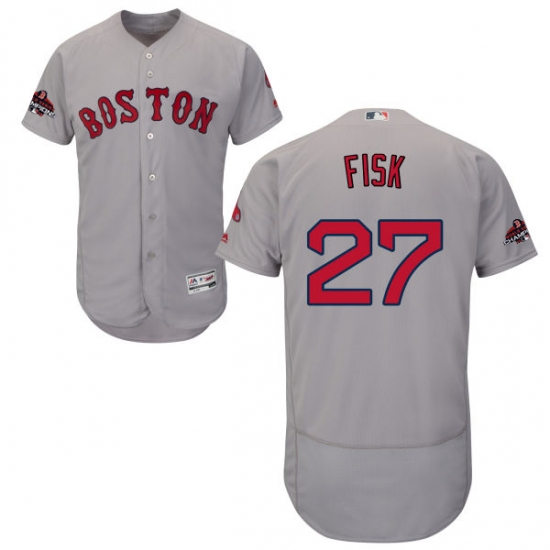 Men's Majestic Boston Red Sox 27 Carlton Fisk Grey Road Flex Base Authentic Collection 2018 World Series Champions MLB Jersey