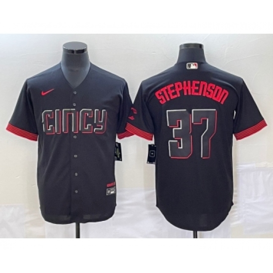 Men's Cincinnati Reds 37 Tyler Stephenson Black 2023 City Connect Cool Base Stitched Jersey