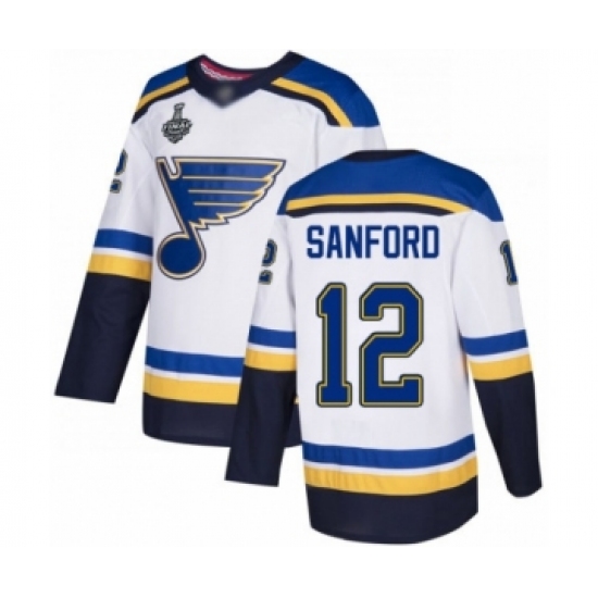 Men's St. Louis Blues 12 Zach Sanford Authentic White Away 2019 Stanley Cup Final Bound Hockey Jersey