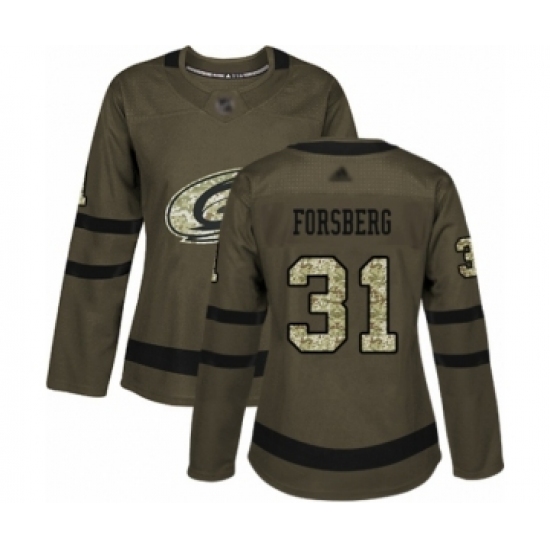 Women's Carolina Hurricanes 31 Anton Forsberg Authentic Green Salute to Service Hockey Jersey