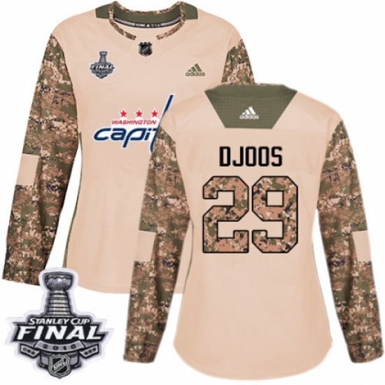 Women's Adidas Washington Capitals 29 Christian Djoos Authentic Camo Veterans Day Practice 2018 Stanley Cup Final NHL Jersey