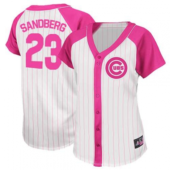 Women's Majestic Chicago Cubs 23 Ryne Sandberg Authentic White/Pink Splash Fashion MLB Jersey