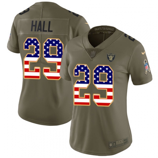 Women Nike Oakland Raiders 29 Leon Hall Limited Olive USA Flag 2017 Salute to Service NFL Jersey