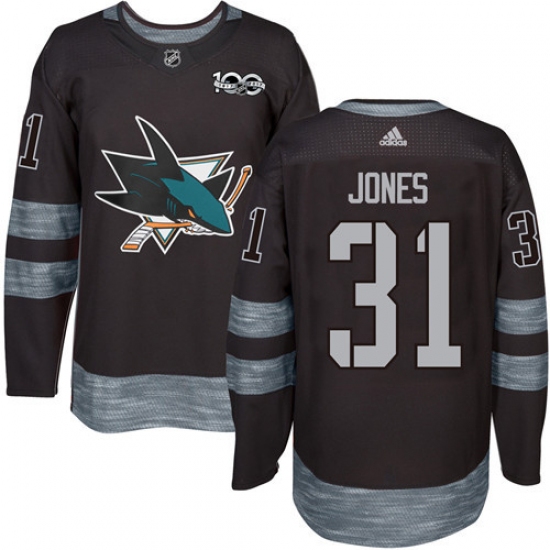 Men's Adidas San Jose Sharks 31 Martin Jones Premier Black 1917-2017 100th Anniversary NHL Jersey