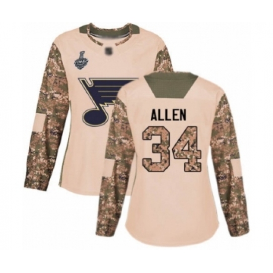 Women's St. Louis Blues 34 Jake Allen Authentic Camo Veterans Day Practice 2019 Stanley Cup Final Bound Hockey Jersey