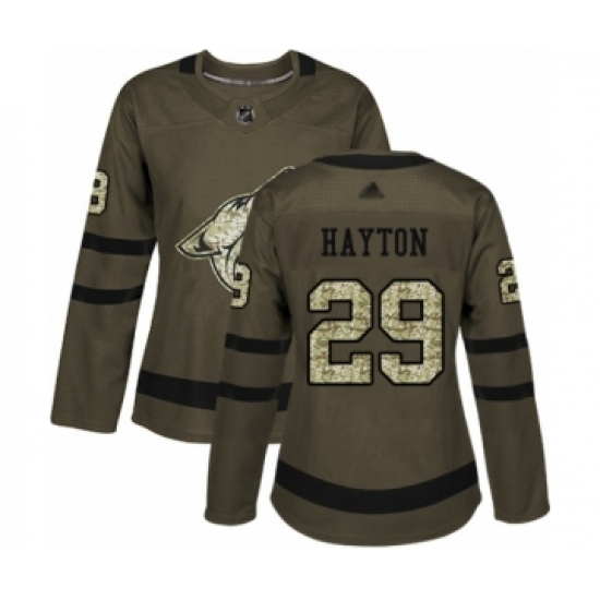 Women's Arizona Coyotes 29 Barrett Hayton Authentic Green Salute to Service Hockey Jersey