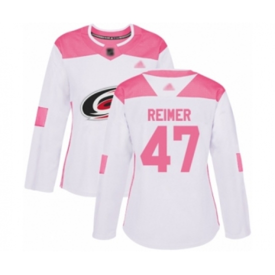 Women's Carolina Hurricanes 47 James Reimer Authentic White Pink Fashion Hockey Jersey