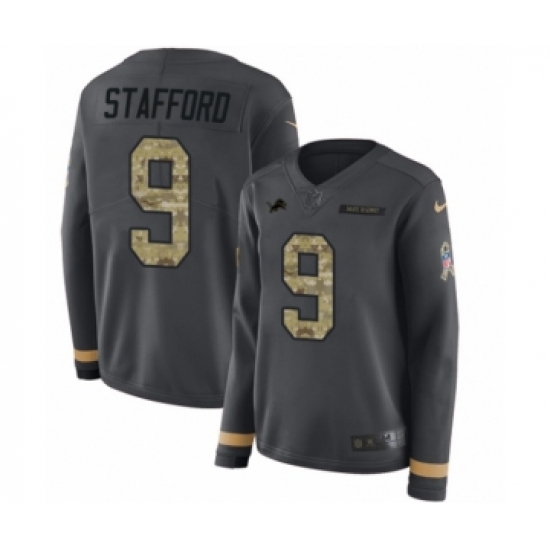 Women's Nike Detroit Lions 9 Matthew Stafford Limited Black Salute to Service Therma Long Sleeve NFL Jersey