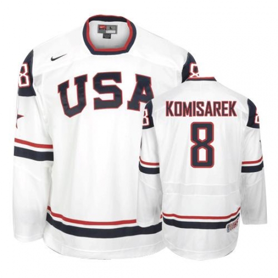 Men's Nike Team USA 8 Mike Komisarek Authentic White 2010 Olympic Hockey Jersey