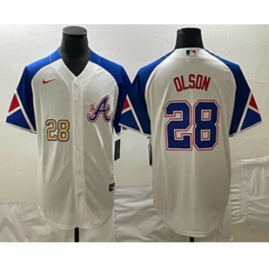 Men's Atlanta Braves 28 Matt Olson Number White 2023 City Connect Cool Base Stitched Jerseys