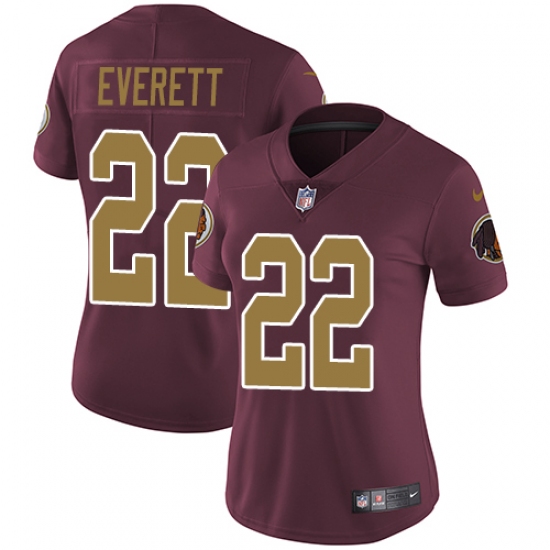 Women's Nike Washington Redskins 22 Deshazor Everett Burgundy Red/Gold Number Alternate 80TH Anniversary Vapor Untouchable Limited Player NFL Jersey