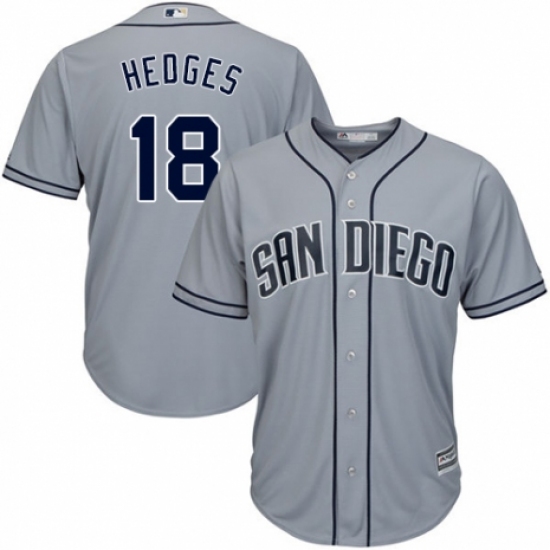 Men's Majestic San Diego Padres 18 Austin Hedges Replica Grey Road Cool Base MLB Jersey