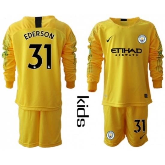 Manchester City 31 Ederson Yellow Goalkeeper Long Sleeves Kid Soccer Club Jersey