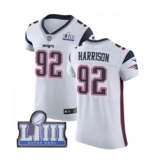 Men's Nike New England Patriots 92 James Harrison White Vapor Untouchable Elite Player Super Bowl LIII Bound NFL Jersey