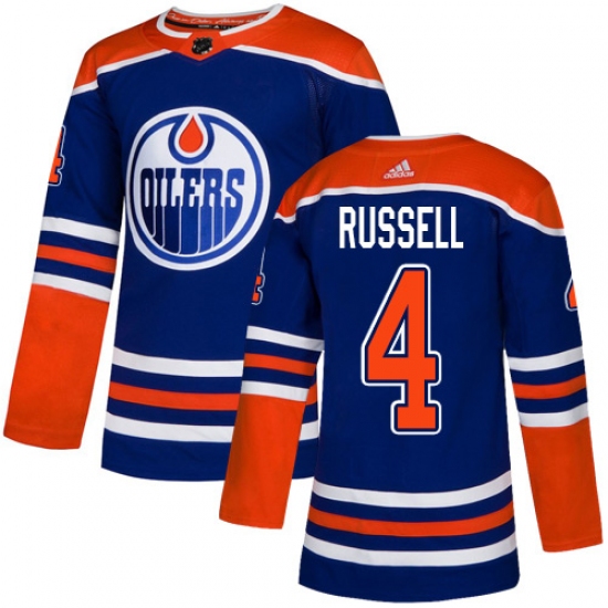 Men's Adidas Edmonton Oilers 4 Kris Russell Premier Royal Blue Alternate NHL Jersey