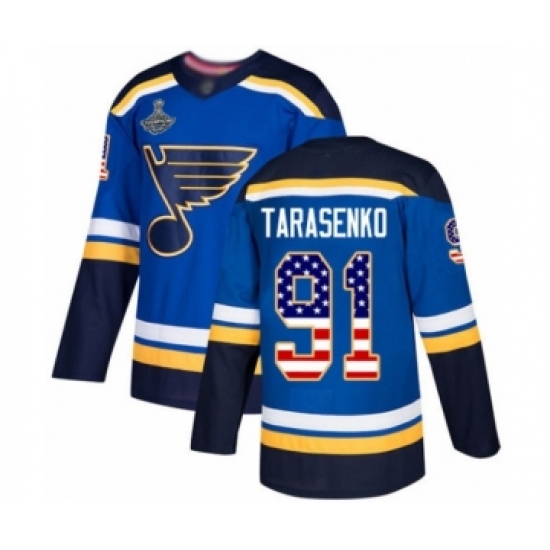 Youth St. Louis Blues 91 Vladimir Tarasenko Authentic Blue USA Flag Fashion 2019 Stanley Cup Champions Hockey Jersey