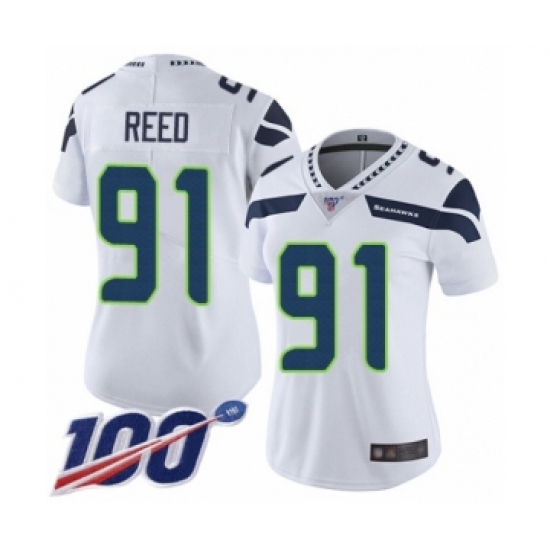 Women's Seattle Seahawks 91 Jarran Reed White Vapor Untouchable Limited Player 100th Season Football Jersey