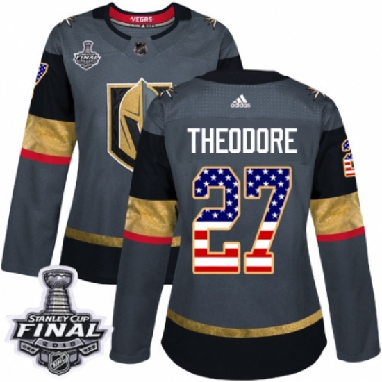 Women's Adidas Vegas Golden Knights 27 Shea Theodore Authentic Gray USA Flag Fashion 2018 Stanley Cup Final NHL Jersey