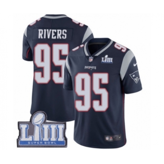 Men's Nike New England Patriots 95 Derek Rivers Navy Blue Team Color Vapor Untouchable Limited Player Super Bowl LIII Bound NFL Jersey