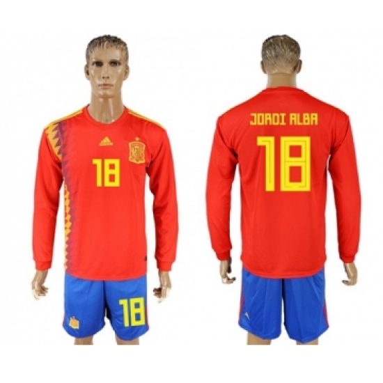 Spain 18 Jordi Alba Red Home Long Sleeves Soccer Country Jersey