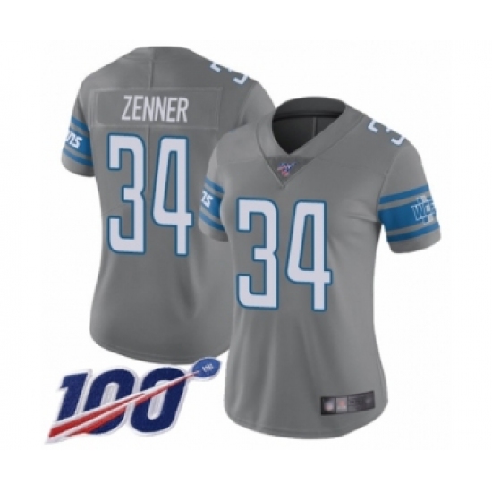 Women's Detroit Lions 34 Zach Zenner Limited Steel Rush Vapor Untouchable 100th Season Football Jersey