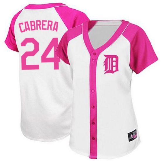 Women's Majestic Detroit Tigers 24 Miguel Cabrera Replica White/Pink Splash Fashion MLB Jersey