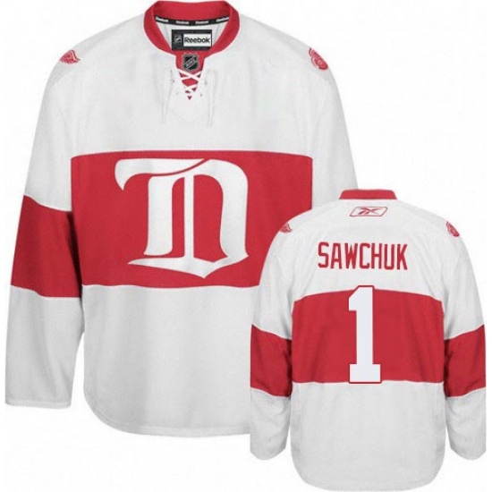 Men's Reebok Detroit Red Wings 1 Terry Sawchuk Authentic White Third NHL Jersey