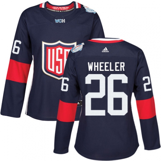 Women's Adidas Team USA 26 Blake Wheeler Premier Navy Blue Away 2016 World Cup Hockey Jersey