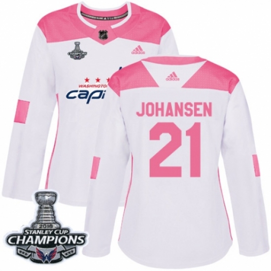 Women's Adidas Washington Capitals 21 Lucas Johansen Authentic White Pink Fashion 2018 Stanley Cup Final Champions NHL Jersey