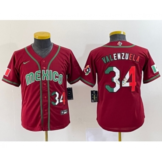 Youth Mexico Baseball 34 Fernando Valenzuela 2023 Red World Classic Stitched Jersey 2