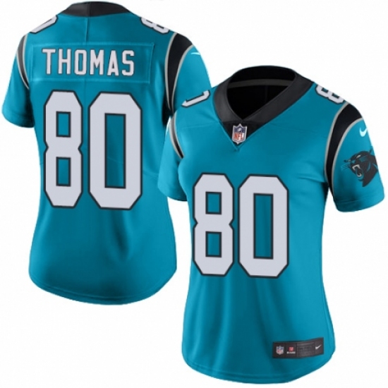 Women's Nike Carolina Panthers 80 Ian Thomas Blue Alternate Vapor Untouchable Limited Player NFL Jersey