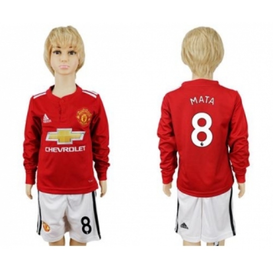 Manchester United 8 Mata Home Long Sleeves Kid Soccer Club Jersey