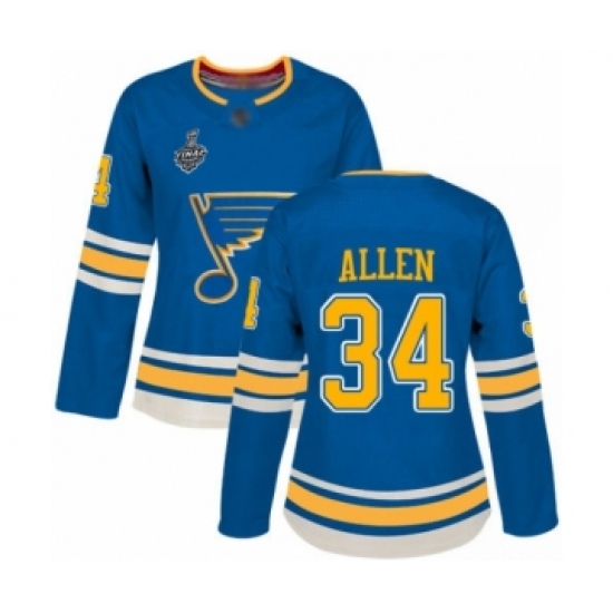 Women's St. Louis Blues 34 Jake Allen Authentic Navy Blue Alternate 2019 Stanley Cup Final Bound Hockey Jersey