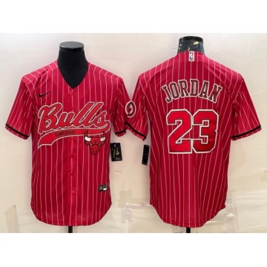 Men's Chicago Bulls 23 Michael Jordan Red Pinstripe With Patch Cool Base Stitched Baseball Jersey