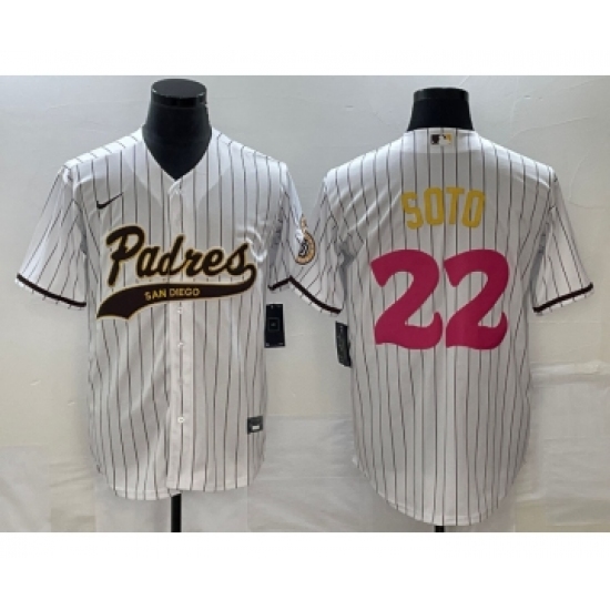 Men's San Diego Padres 22 Juan Soto White Pinstripe 2023 City Connect Cool Base Stitched Jersey