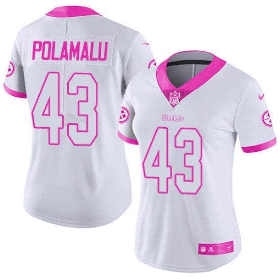 Women's Nike Pittsburgh Steelers 43 Troy Polamalu Limited White/Pink Rush Fashion NFL Jersey